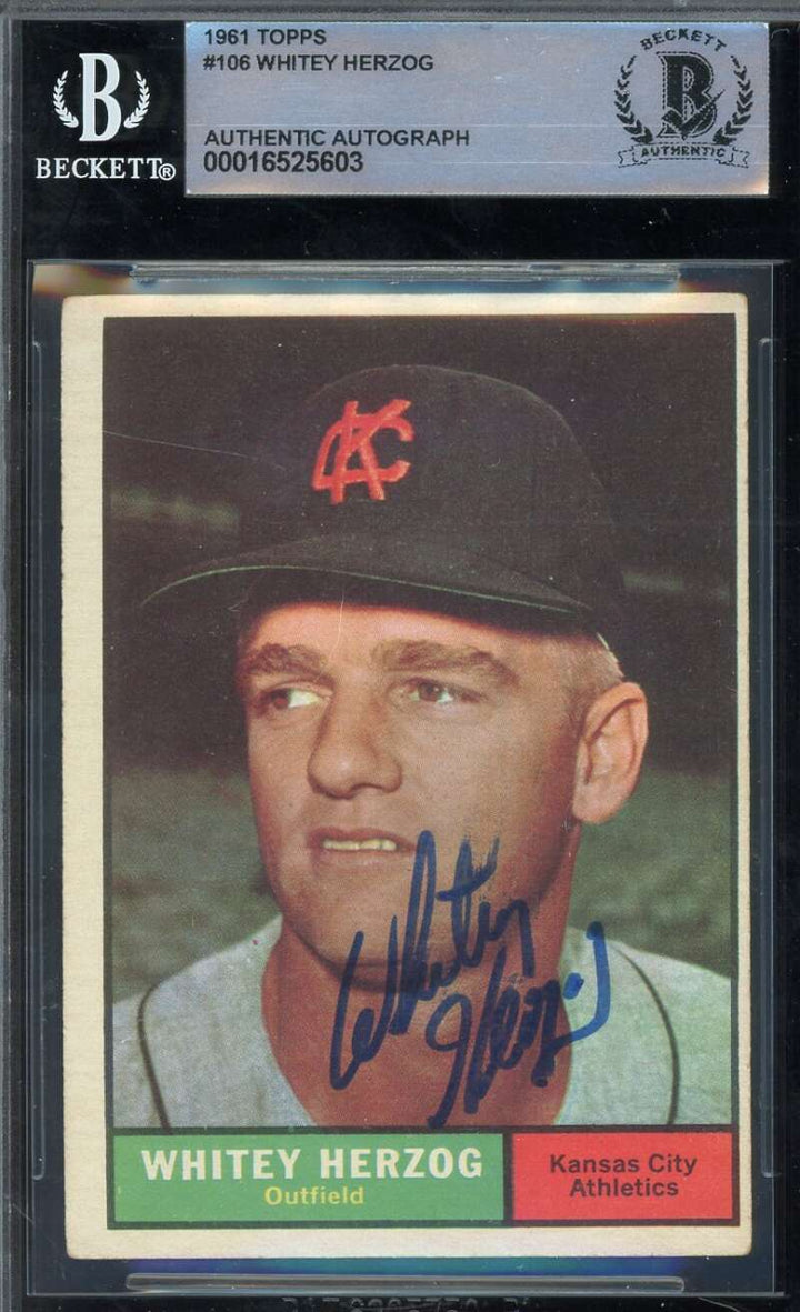 Whitey Herzog Beckett BAS Signed 1961 Topps Autograph