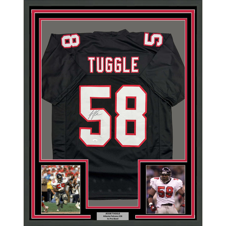 Framed Autographed/Signed Jessie Tuggle 35x39 Atlanta Black Jersey JSA COA