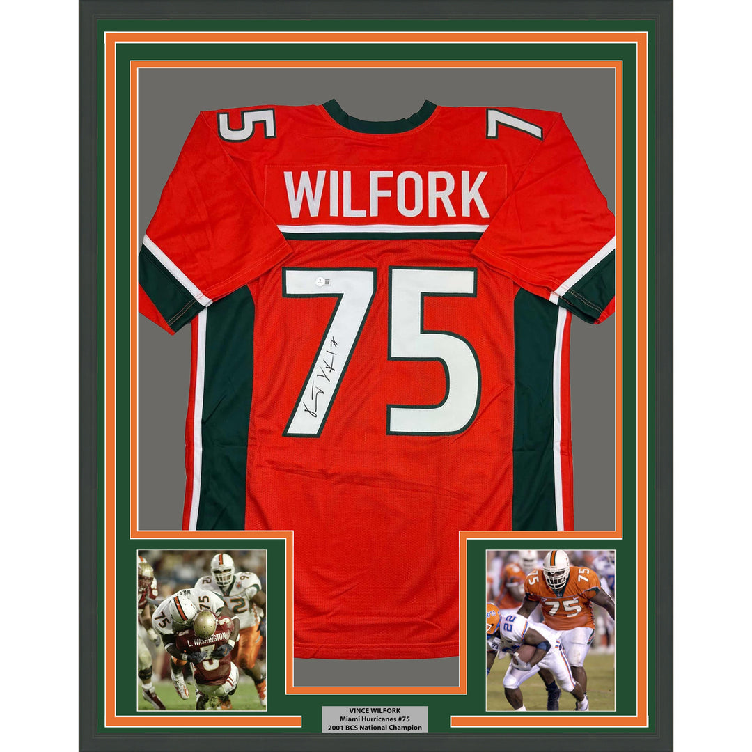 Framed Autographed/Signed Vince Wilfork 35x39 Miami Orange Jersey Beckett COA