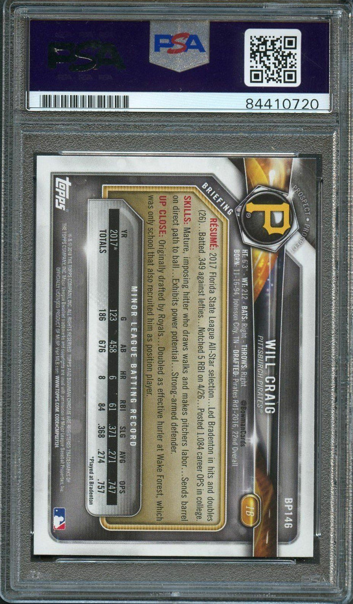 2018 Bowman #BP146 WILL CRAIG Signed Card PSA Slabbed Auto Grade 10 Pirates