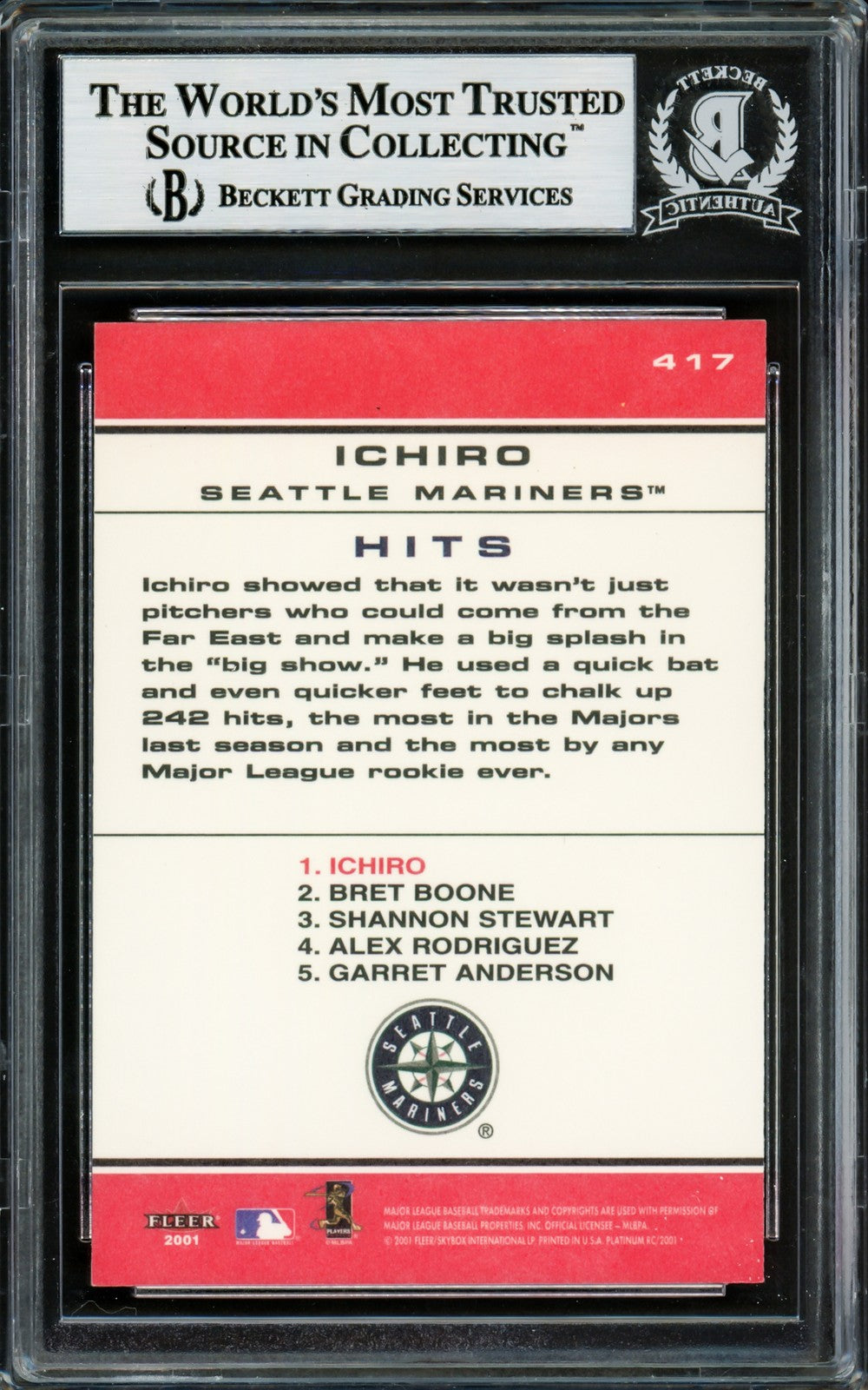 Ichiro Suzuki Signed 2001 Fleer Platinum RC 417 Seattle Mariners Beckett