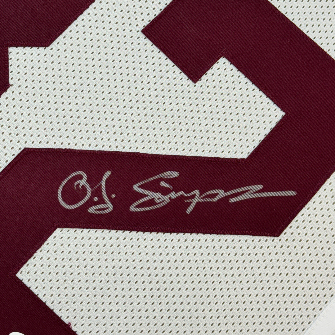 Framed Autographed/Signed OJ O.J. Simpson 33x42 USC White Jersey JSA COA