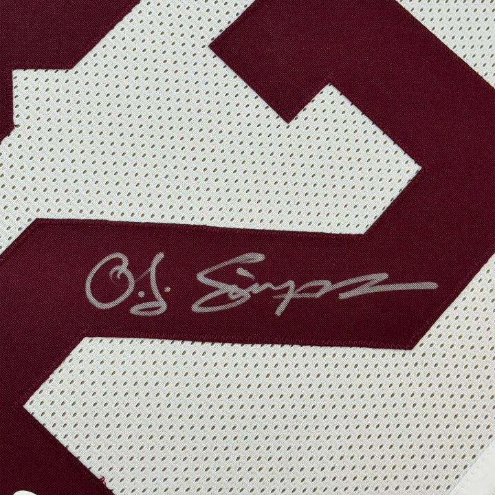Framed Autographed/Signed OJ O.J. Simpson 33x42 USC White Jersey JSA COA