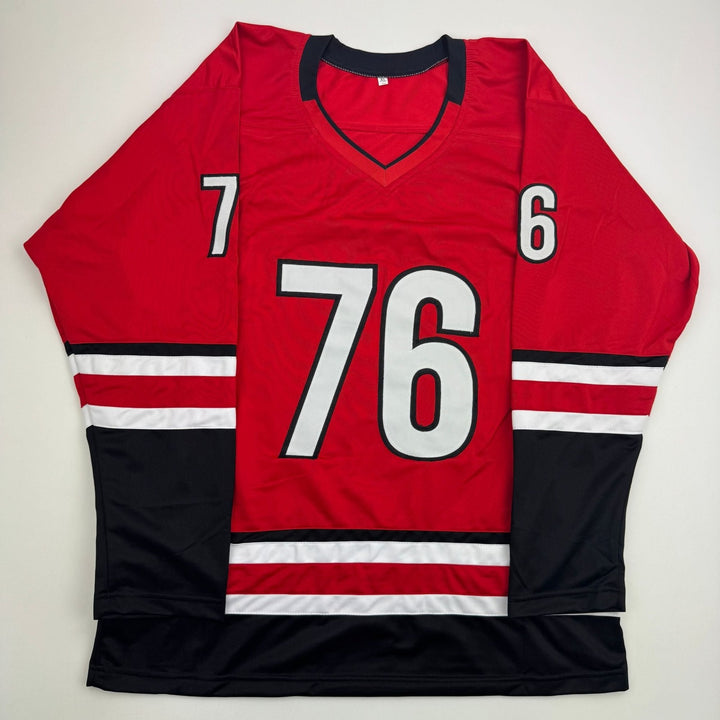 Autographed/Signed Brady Skjei Carolina Red Hockey Jersey BAS COA