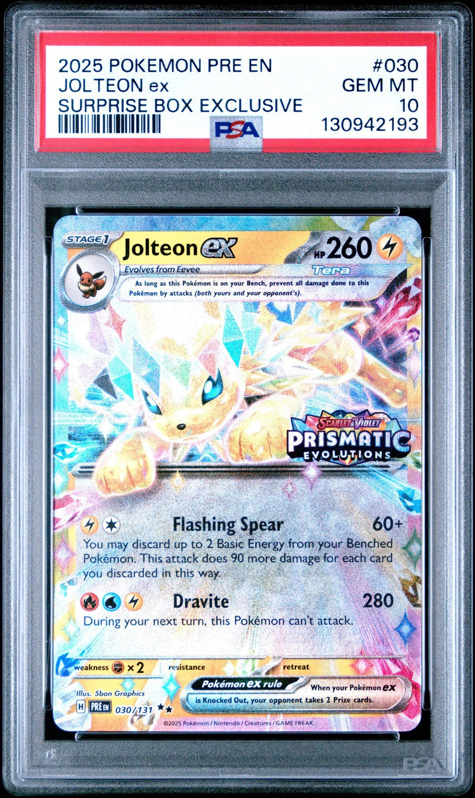 Graded 2025 PKM PRE EN Jolteon ex #030 Surprise Box Exclusive Prismatic PSA 10
