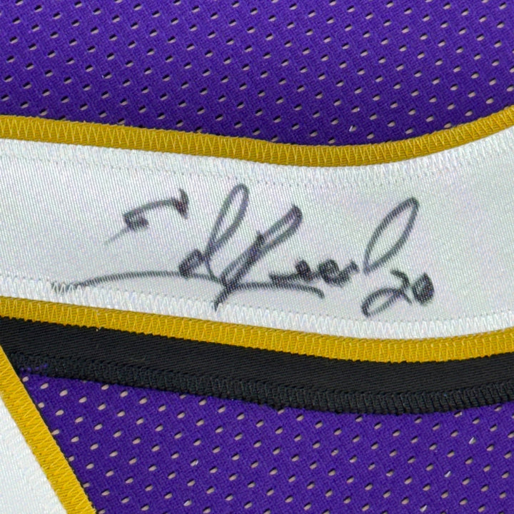Framed Autographed/Signed Ed Reed 35x39 Baltimore Purple Jersey JSA COA