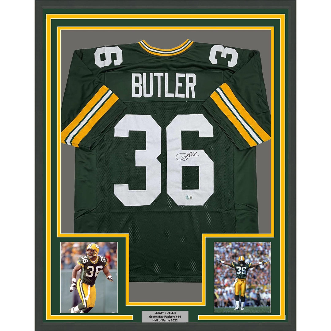 Framed Autographed/Signed Leroy Butler 35x39 Green Bay Green Jersey BAS COA