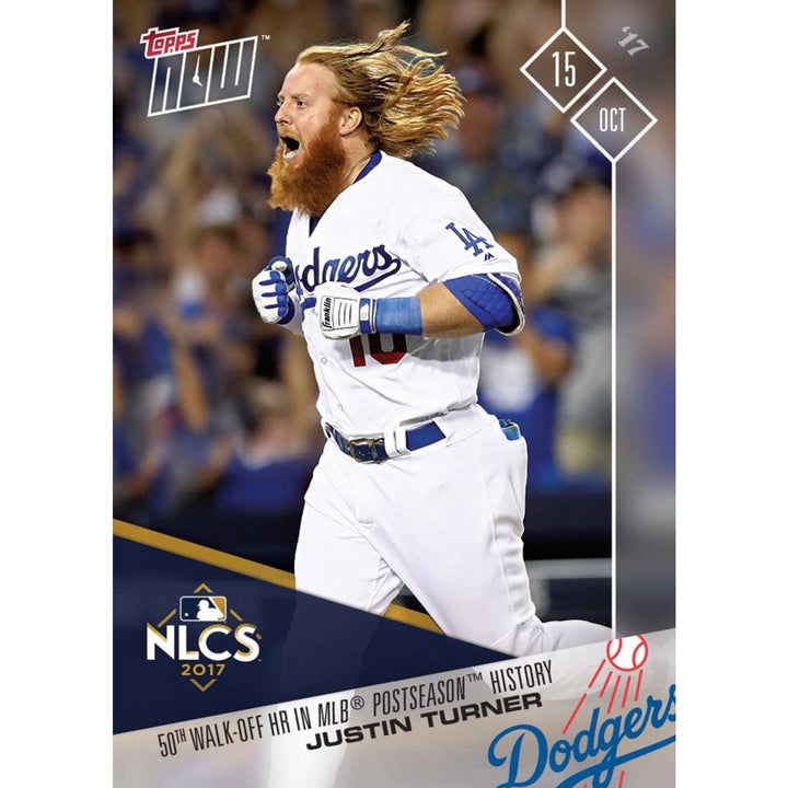JUSTIN TURNER 50th WALKOFF HR IN POSTSEASON TOPPS NOW 2017 CARD #768 + TOPLOADER