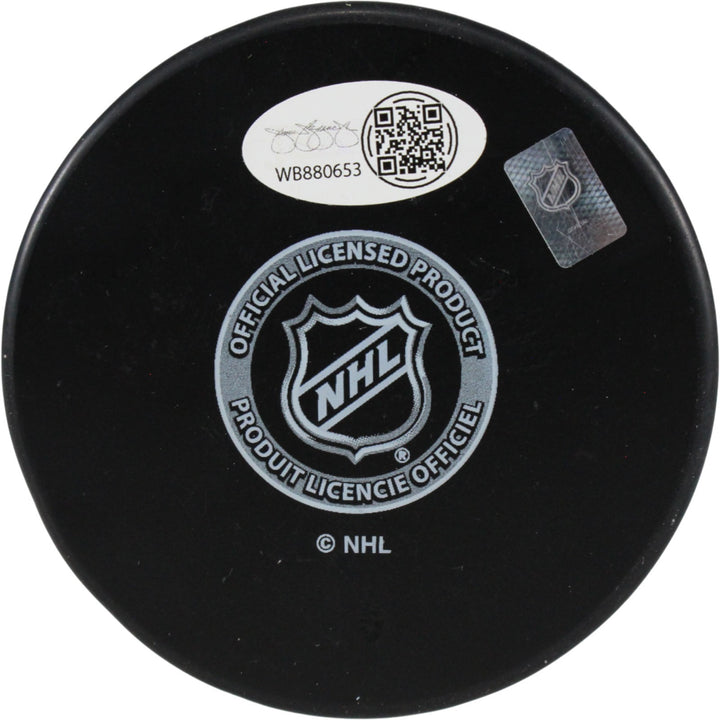 Mike Foligno Autographed Detroit Red Wings Logo Puck Foligno Leap JSA 53966