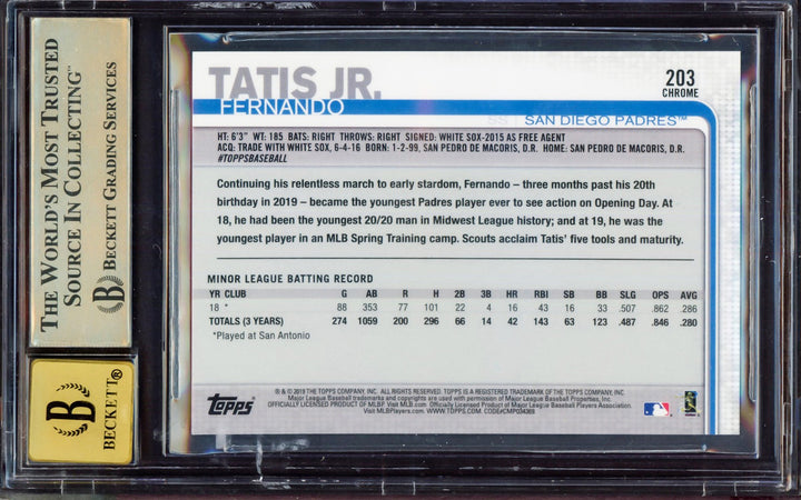 Fernando Tatis Jr Auto Signed 2019 Topps Chrome RC 203 BGS 9.5 Sig 10 Beckett