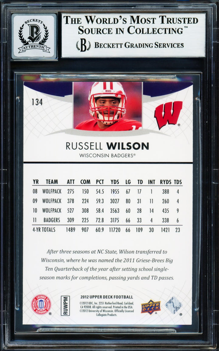 Russell Wilson Signed 2012 Upper Deck RC #134 Wisconsin Badgers Auto 10 Beckett