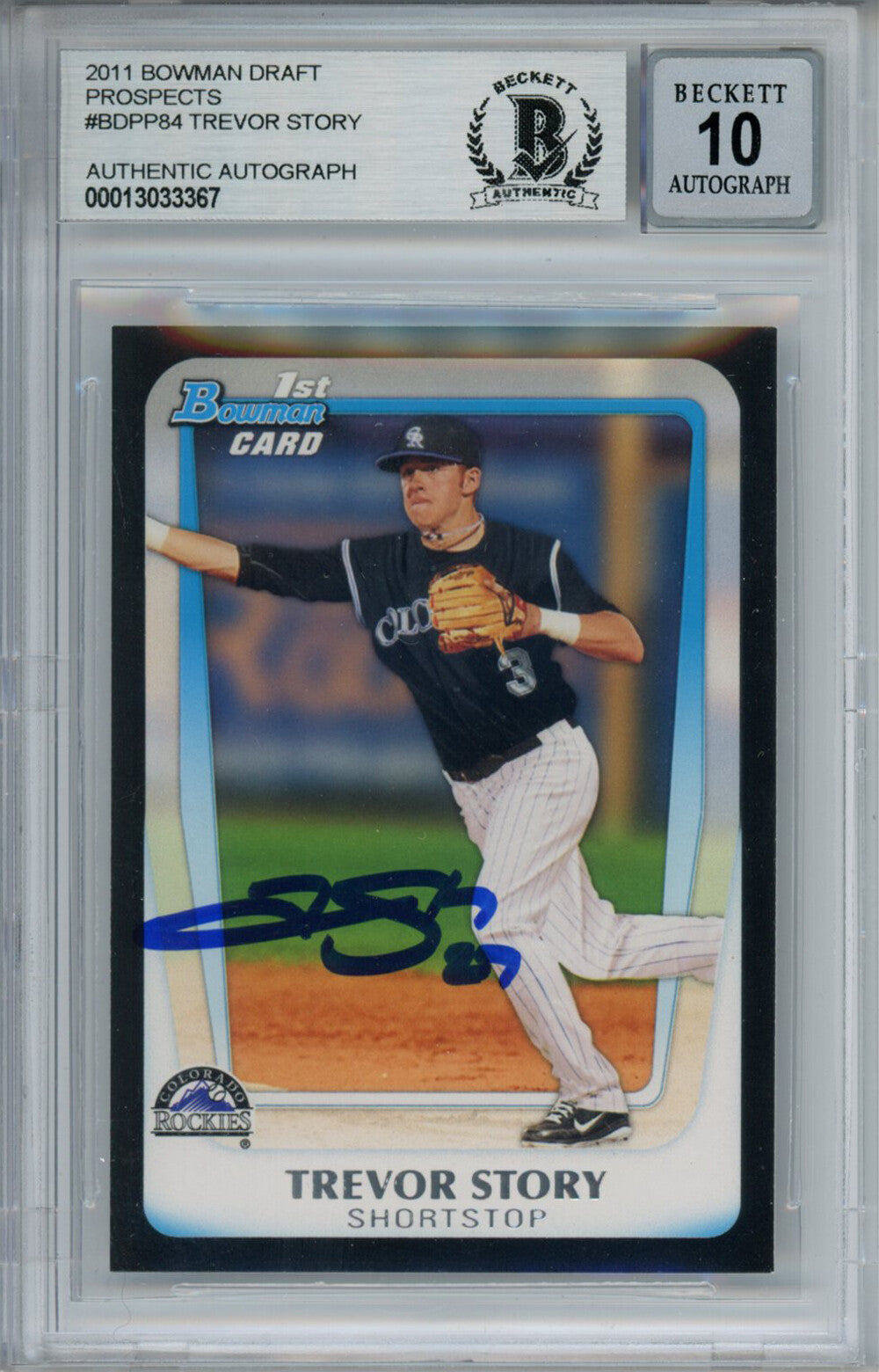 Trevor Story Signed 2011 Bowman #BBPP84 Trading Card Beckett 10 Slab 30794