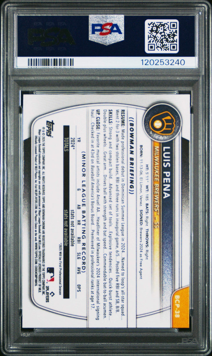 Graded 2025 Bowman Sapphire Luis Pena #BCP38 Chrome RC Baseball Card PSA 10