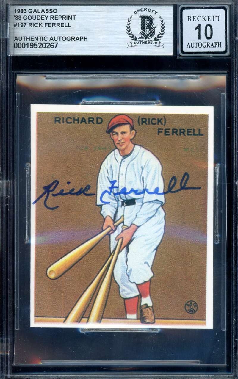 Rick Ferrell Gem Mint 10 Beckett BAS Signed 1983 Galasso 1933 Goudey Reprint
