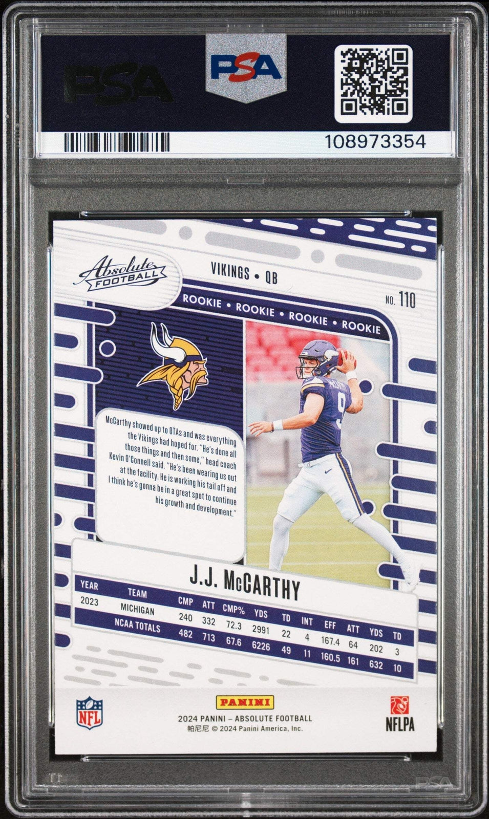 Graded 2024 Panini Absolute JJ McCarthy #110 Rookie RC Football Card PSA 10