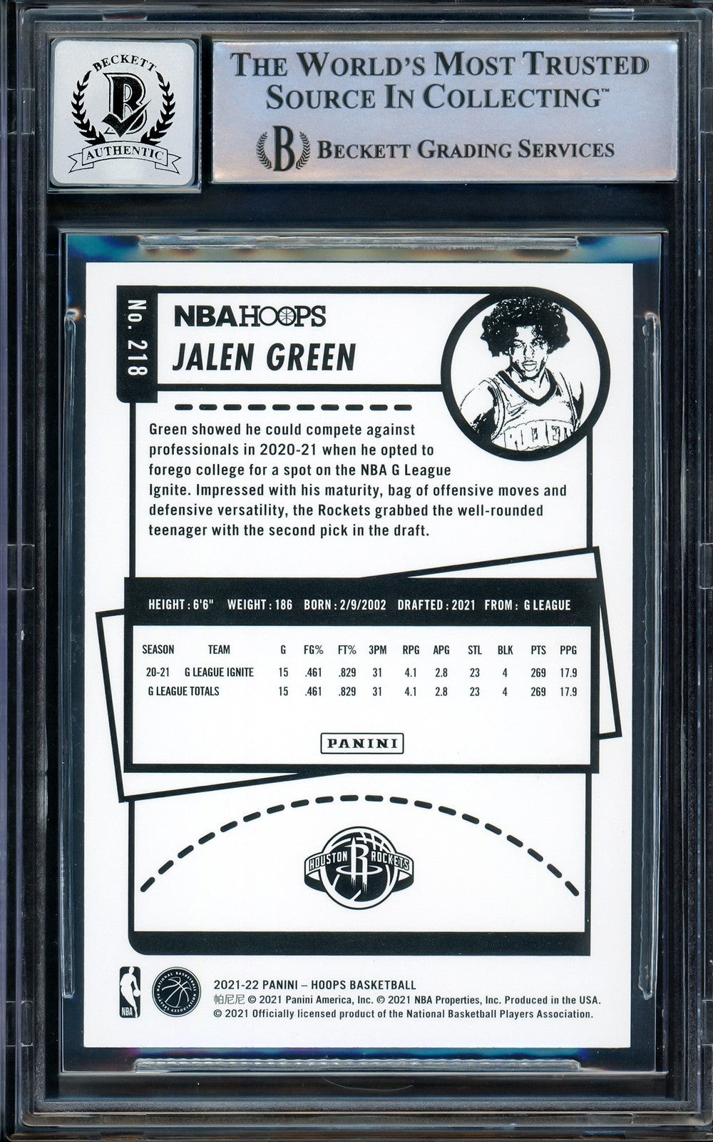 Jalen Green Signed 2021-22 NBA Hoops Blue RC 218 Rockets Auto GM 10 Beckett