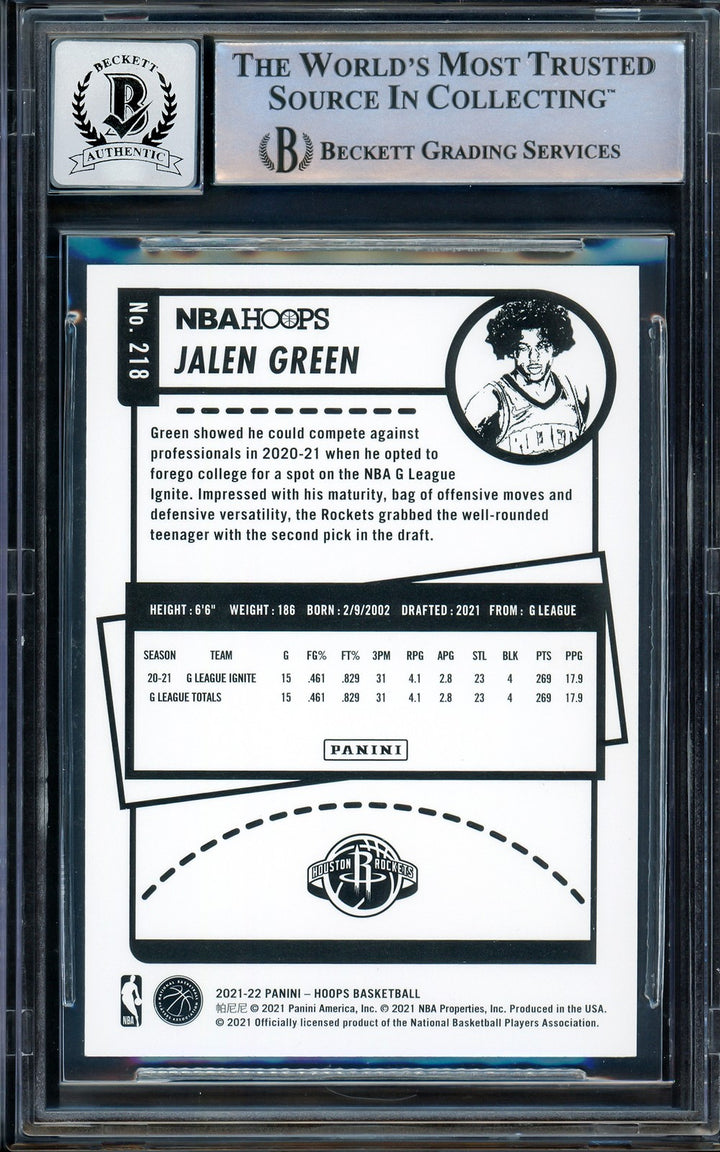 Jalen Green Signed 2021-22 NBA Hoops Blue RC 218 Rockets Auto GM 10 Beckett