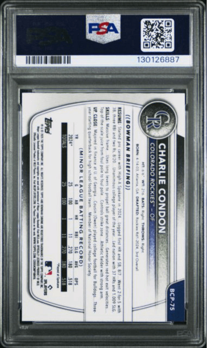 Graded 2025 Bowman Charlie Condon #BCP75 Fuchsia Wave /199 Rookie Card PSA 10