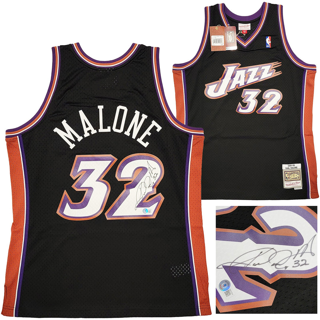 Jazz Karl Malone Auto Black Authentic Mitchell & Ness Jersey Size L Beckett Wit