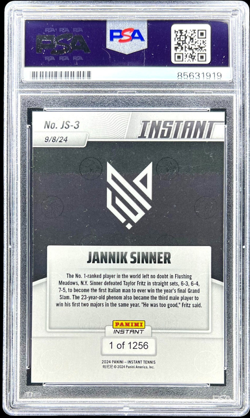 JANNIK SINNER SIGNED 2024 PANINI INSTANT ROOKIE CARD #JS-3 TENNIS RC PSA AUTO 10