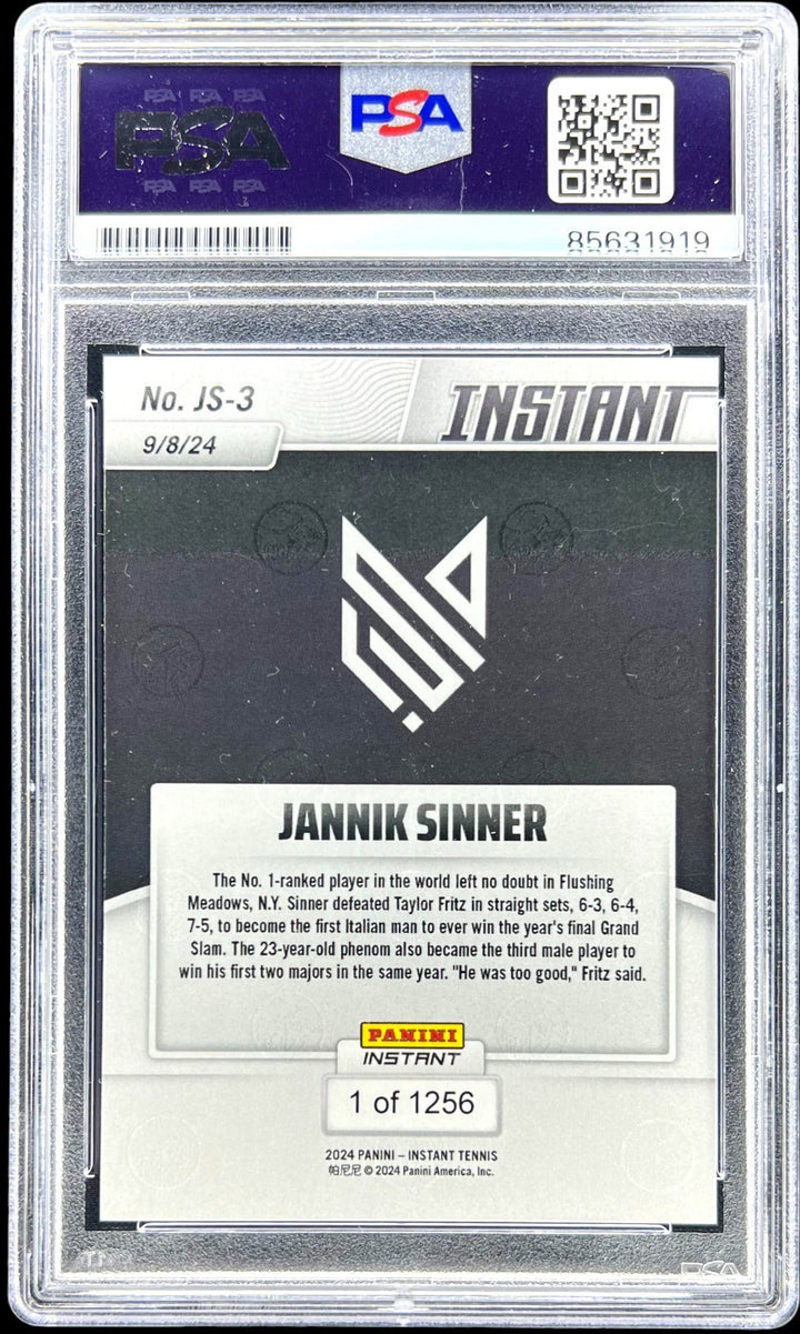 JANNIK SINNER SIGNED 2024 PANINI INSTANT ROOKIE CARD #JS-3 TENNIS RC PSA AUTO 10