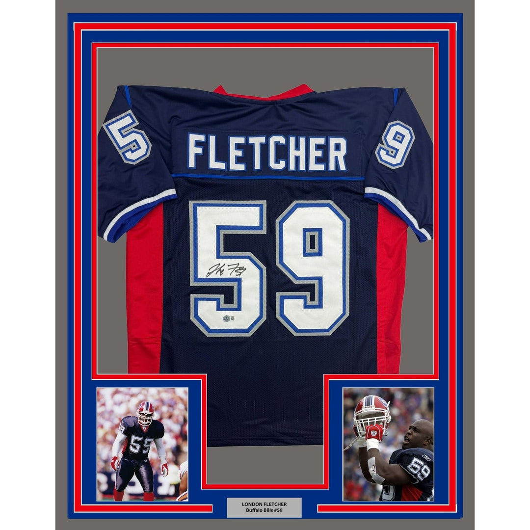 Framed Autographed/Signed London Fletcher 35x39 Buffalo Blue Jersey BAS COA