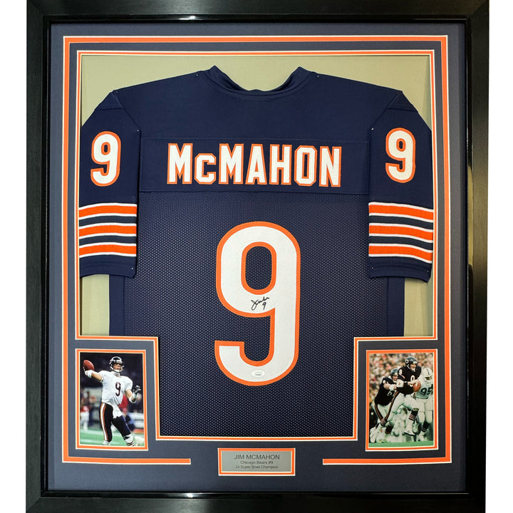 Framed Autographed/Signed Jim McMahon 33x42 Chicago Blue Jersey Beckett BAS COA