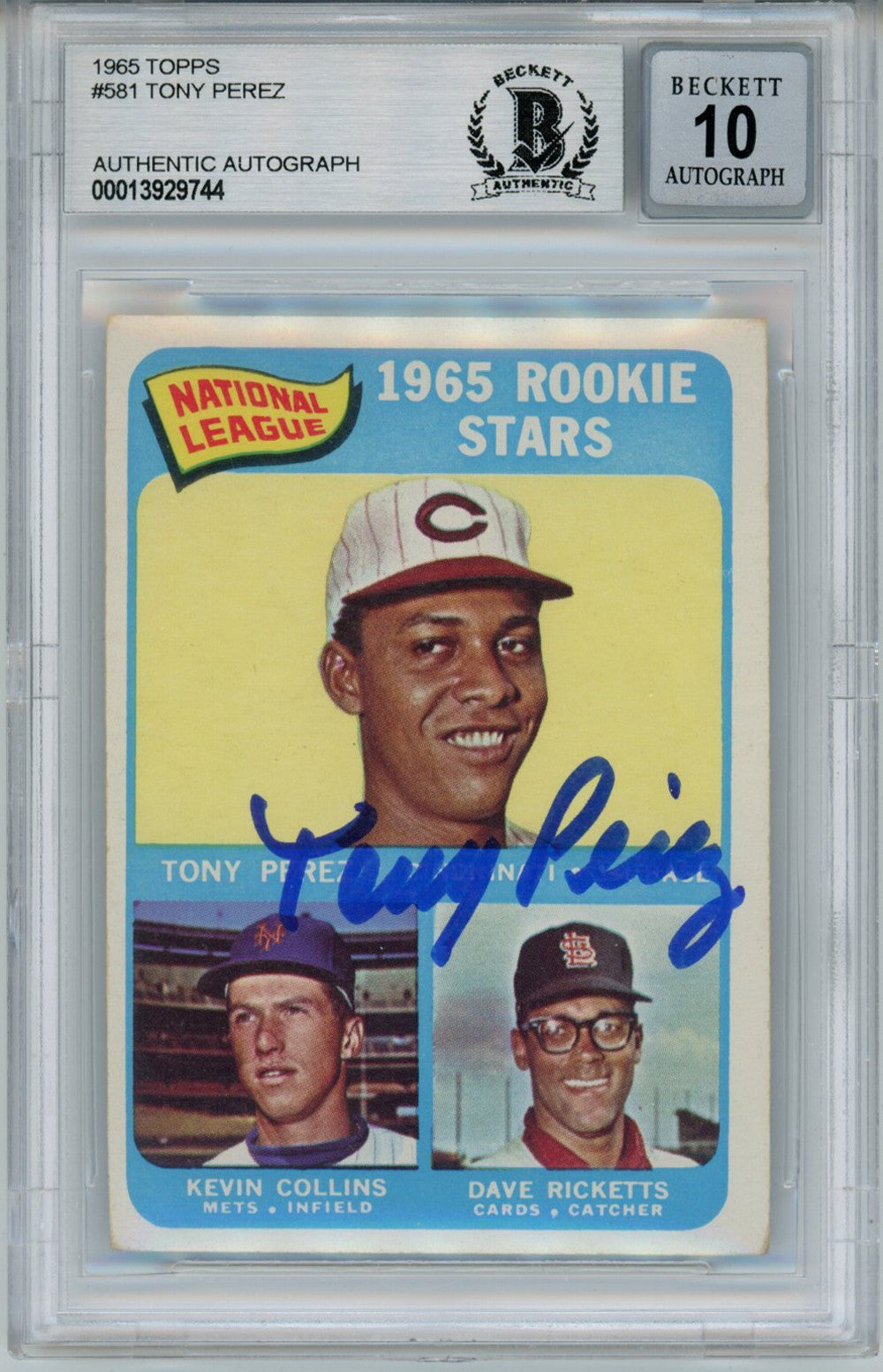 Tony Perez Autographed/Signed 1965 Topps #581 Trading Card Slabbed Beckett 33689