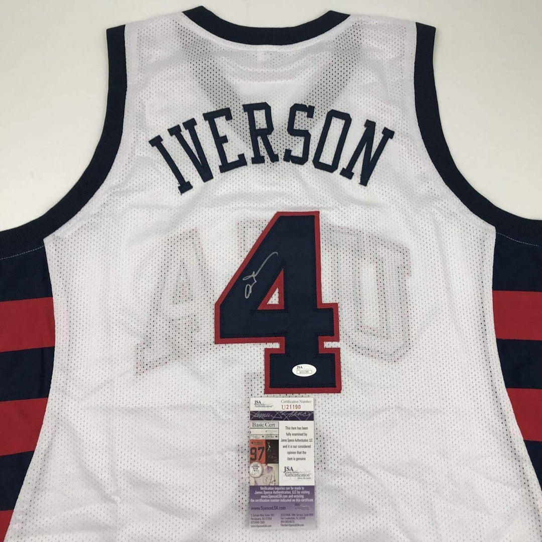 Autographed/Signed Allen Iverson United States USA White Olympics Jersey JSA COA