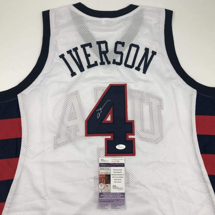 Autographed/Signed Allen Iverson United States USA White Olympics Jersey JSA COA