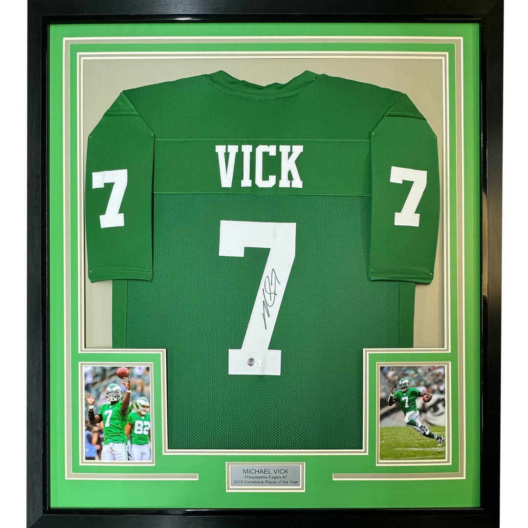 FRAMED Autographed/Signed MICHAEL VICK 33x42 Philadelphia Kelly Jersey COA