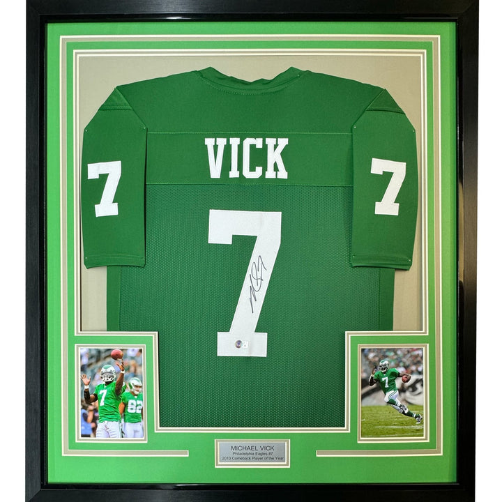 FRAMED Autographed/Signed MICHAEL VICK 33x42 Philadelphia Kelly Jersey COA