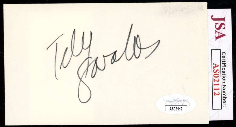 Telly Savalas JSA Coa Signed 3x5 Index Card Autograph