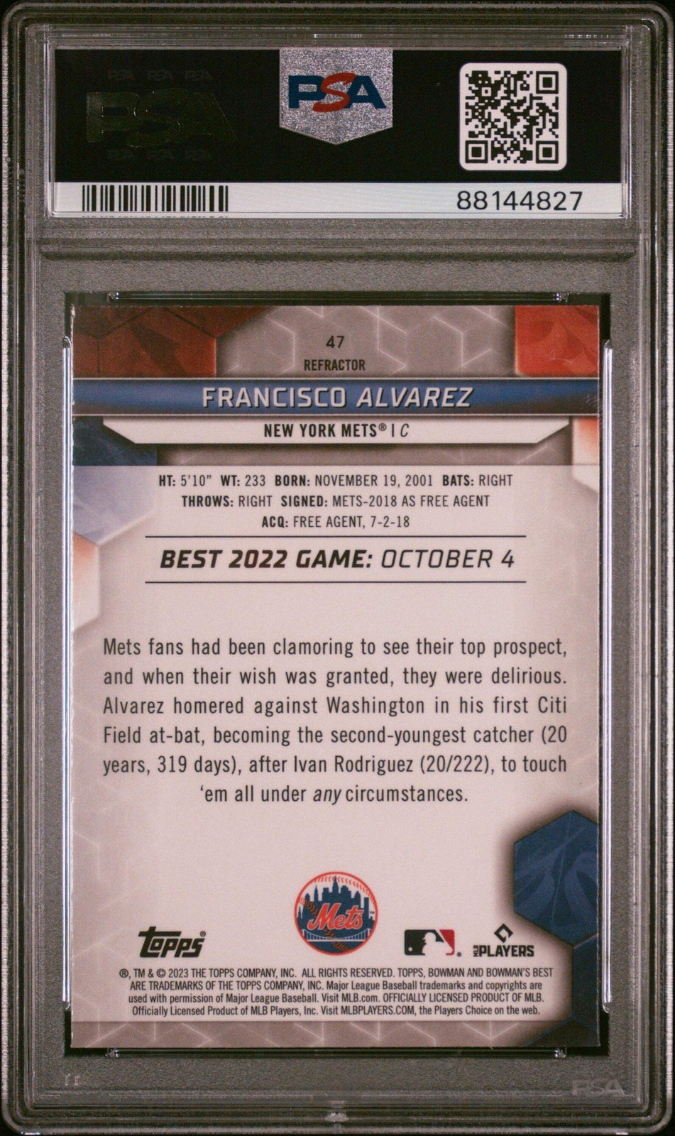 Graded 2023 Bowmans Best Francisco Alvarez #47 Refractor RC Baseball Card PSA 10