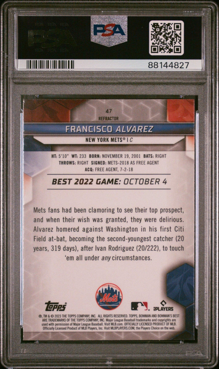 Graded 2023 Bowmans Best Francisco Alvarez #47 Refractor RC Baseball Card PSA 10