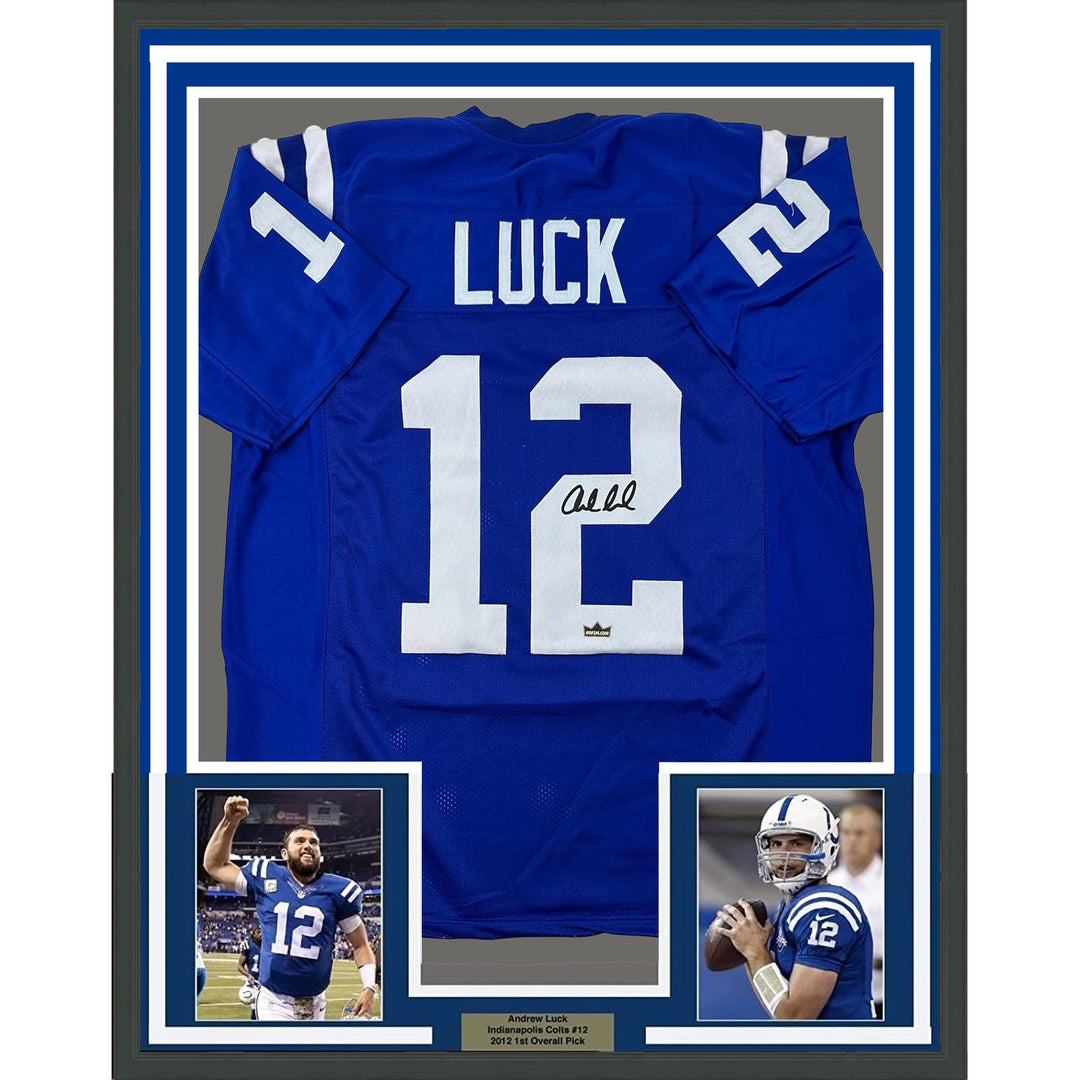 Framed Facsimile Autographed Andrew Luck 35x39 Indianapolis Blue Reprint Jersey