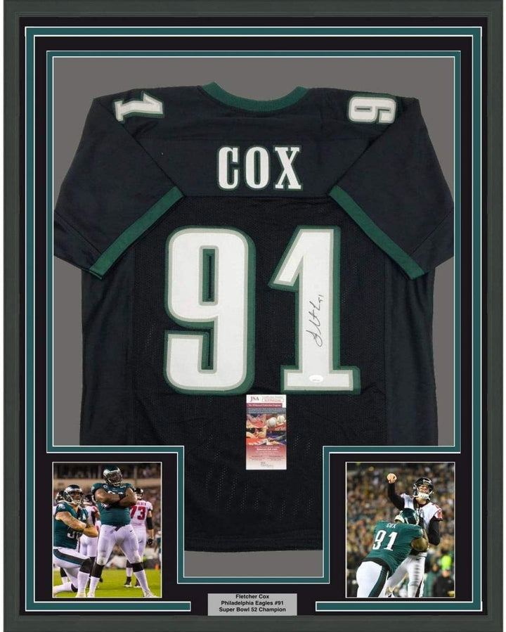 Framed Signed Fletcher Cox 35x39 Philadelphia Black Jersey JSA COA