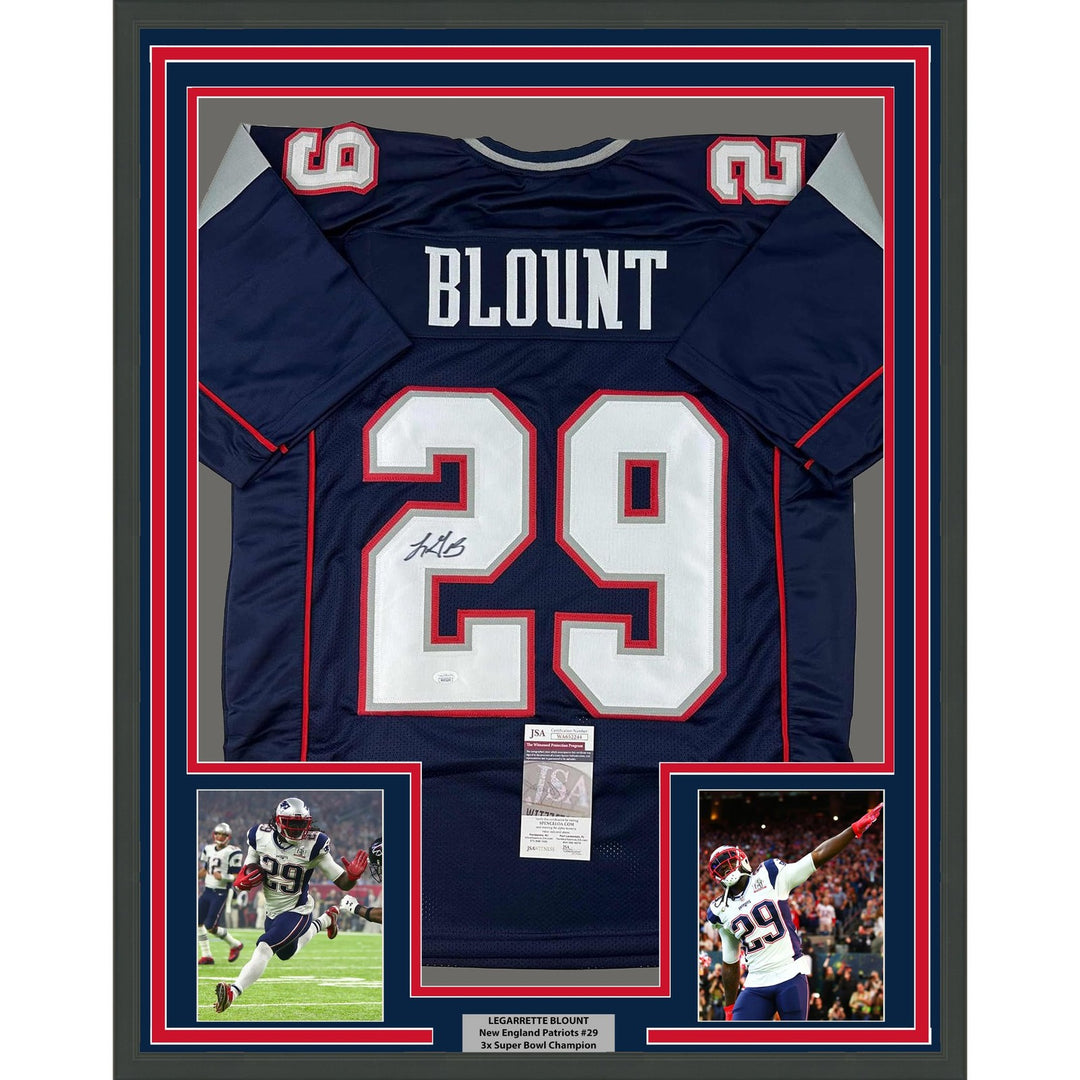 Framed Autographed/Signed LeGarrette Blount 35x39 Blue Jersey JSA COA