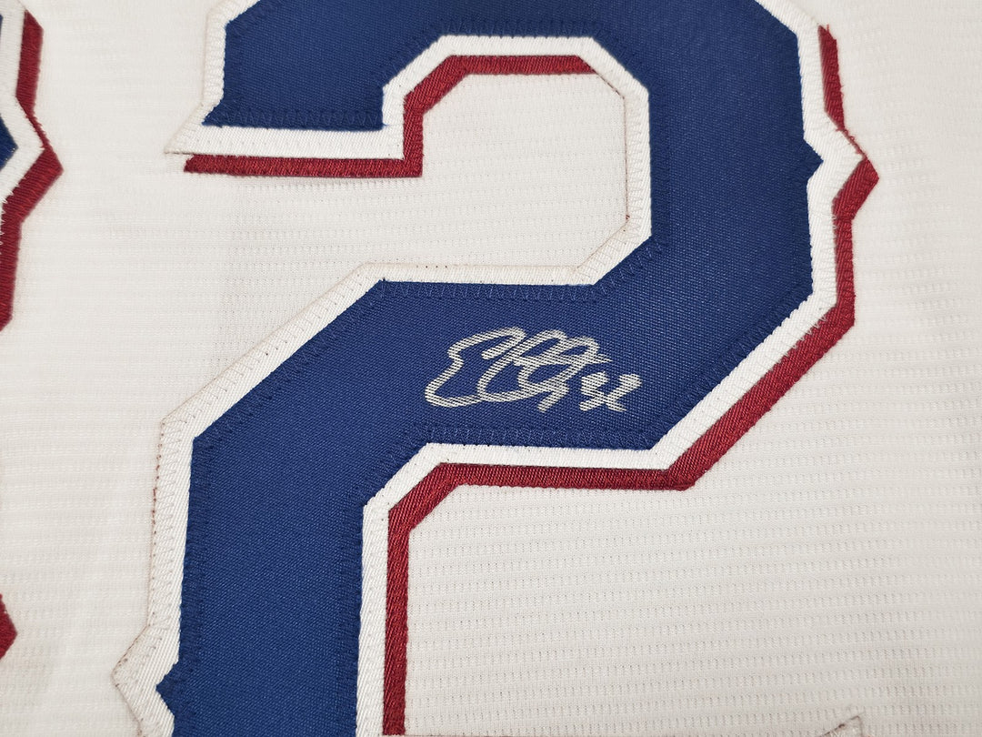 Rangers Evan Carter Signed White Nike Jersey Size M "23 WS Champs" Beckett Wit