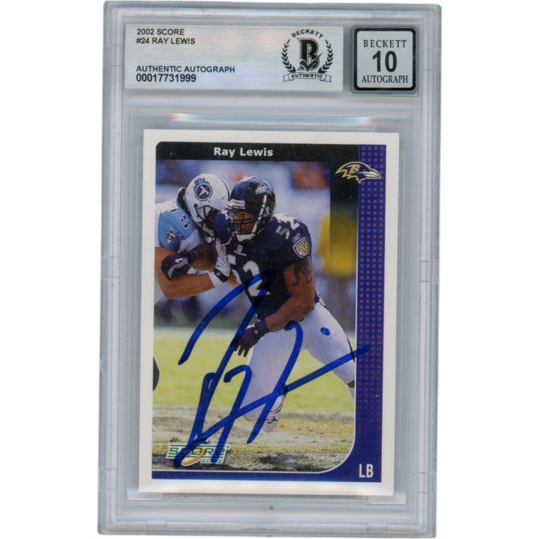 Ray Lewis Autographed/Signed 2002 Score #24 Slabbed Trading Card Beckett 50029
