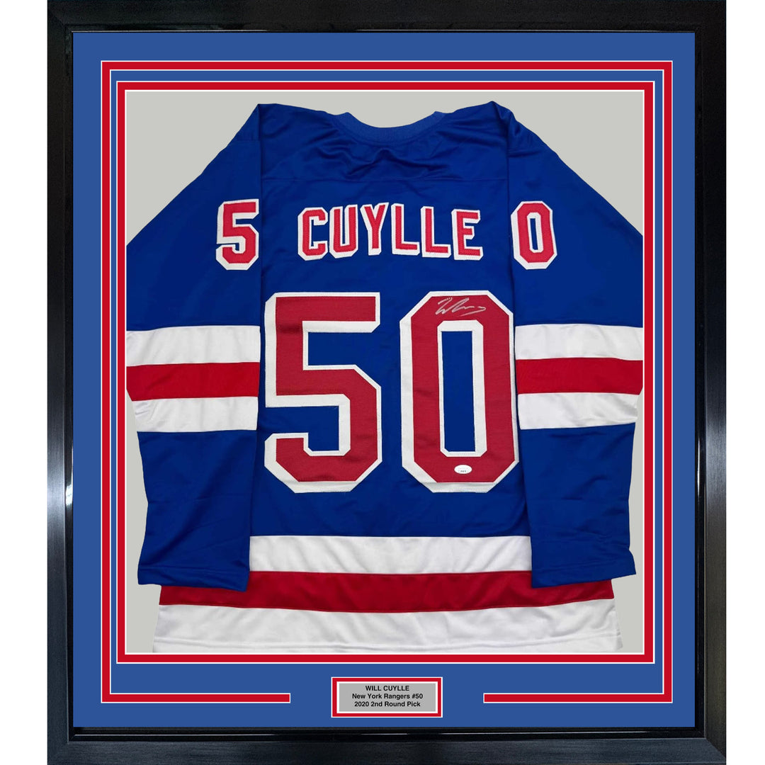 Framed Autographed/Signed Will Cuylle 35x39 New York Blue Hockey Jersey JSA COA