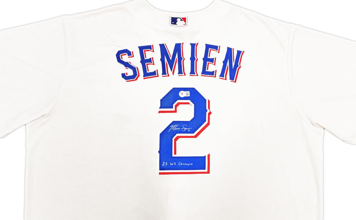 Rangers Marcus Semien Auto White Nike Jersey Size 2XLT 23 WS Champs Beckett Wit