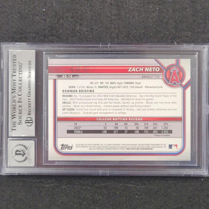 2022 1st Bowman Draft BD-18 Zach Neto signed RC card autograph ~ BAS 10 Auto