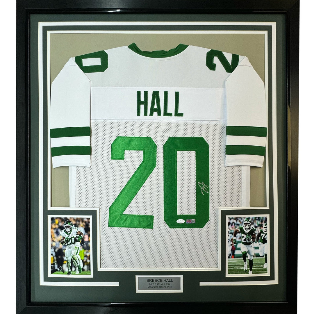 Framed Autographed/Signed Breece Hall 35x39 New York White Jersey JSA COA