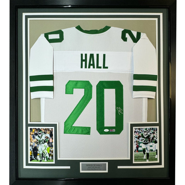 Framed Autographed/Signed Breece Hall 35x39 New York White Jersey JSA COA