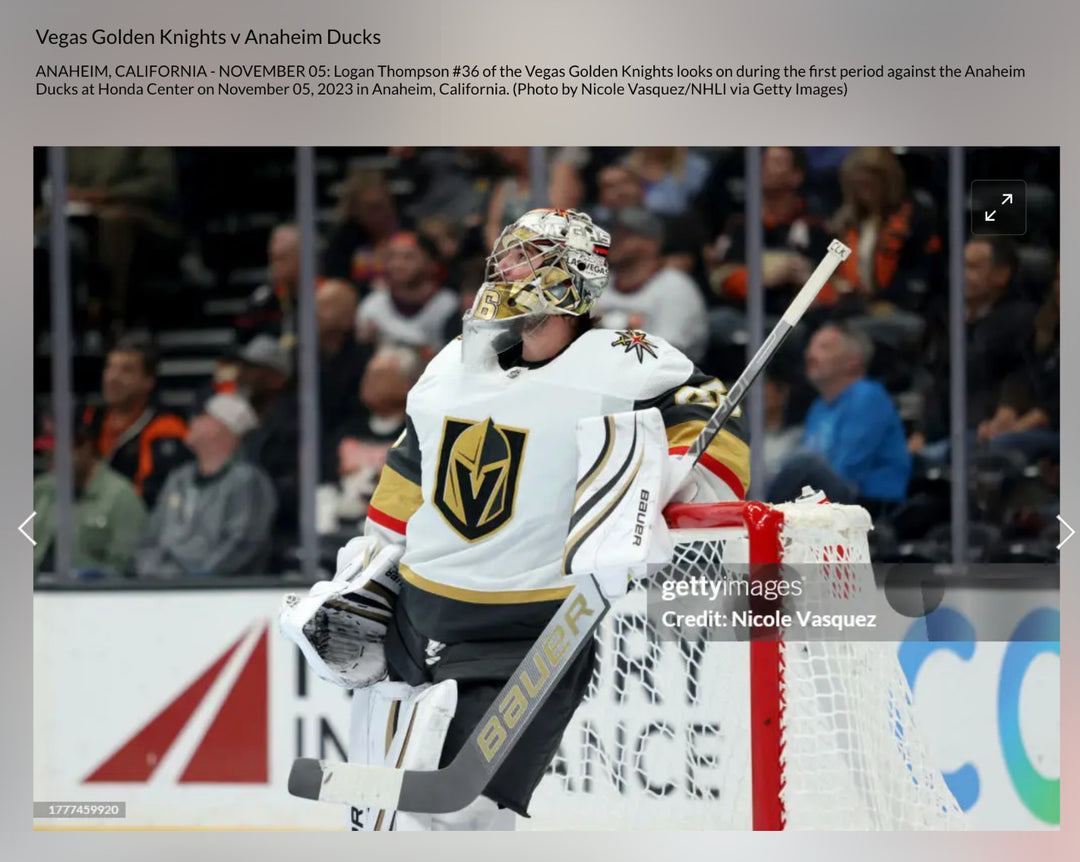 Logan Thompson Game Used Signed Stick Vegas Golden Knights vs. Ducks 11/5/23 COA