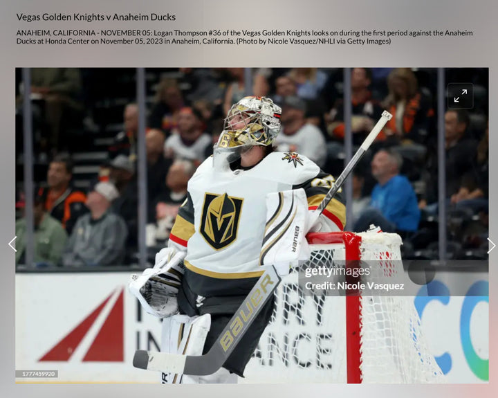 Logan Thompson Game Used Signed Stick Vegas Golden Knights vs. Ducks 11/5/23 COA