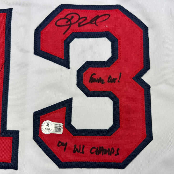 Autographed/Signed Doug Mientkiewicz Final Out! Boston White Jersey BAS COA