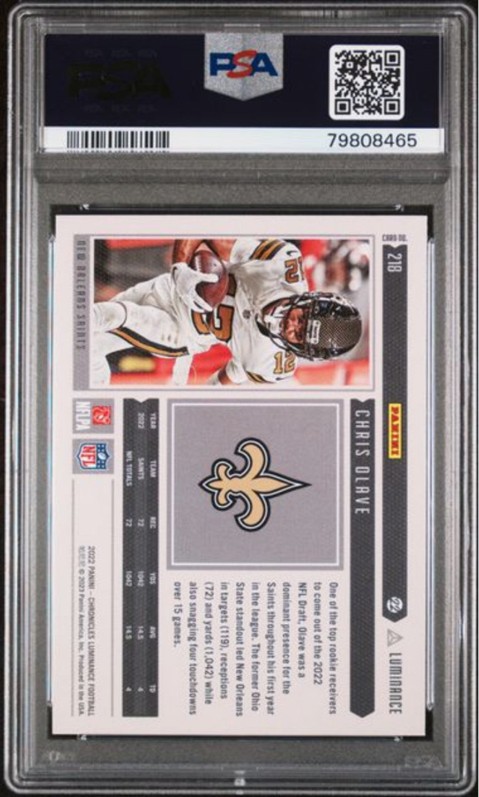 Graded 2022 Chronicles Chris Olave #218 Luminance Update RC Football Card PSA 10