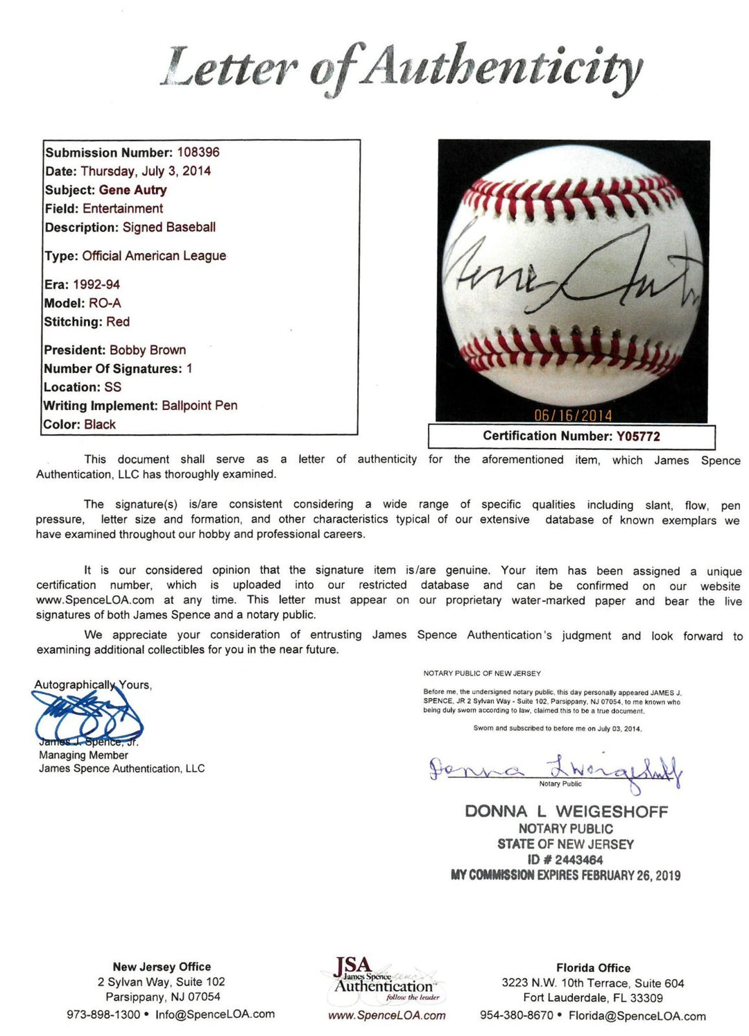 Gene Autry signed ROAL Official Rawlings Baseball Minor Tone - JSA LOA
